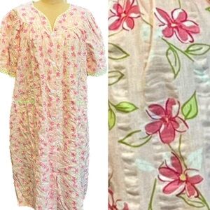 VINTAGE cheerful daisy floral house dress‎ leisure robe button front gown midi
